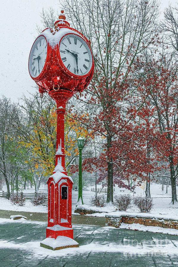 Indiana University Big Red Clock Autumn Snow Storm Photograph by Aloha Art