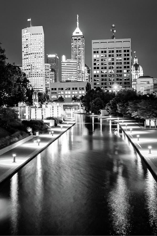Indianapolis City Skyline Monochrome Along The Canal Photograph by Gregory Ballos