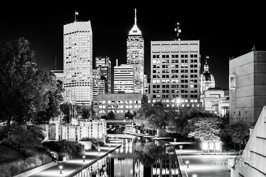 Indianapolis Indiana Skyline and Canal Walk at Night Black and W Photograph by Paul Velgos