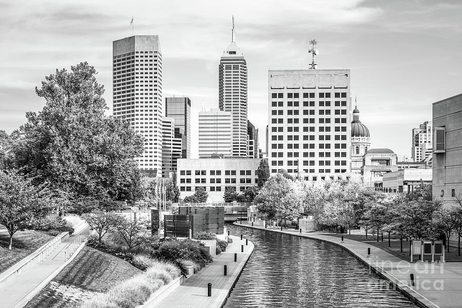 Indianapolis Indiana Skyline and Canal Walk Black and White Phot Photograph by Paul Velgos