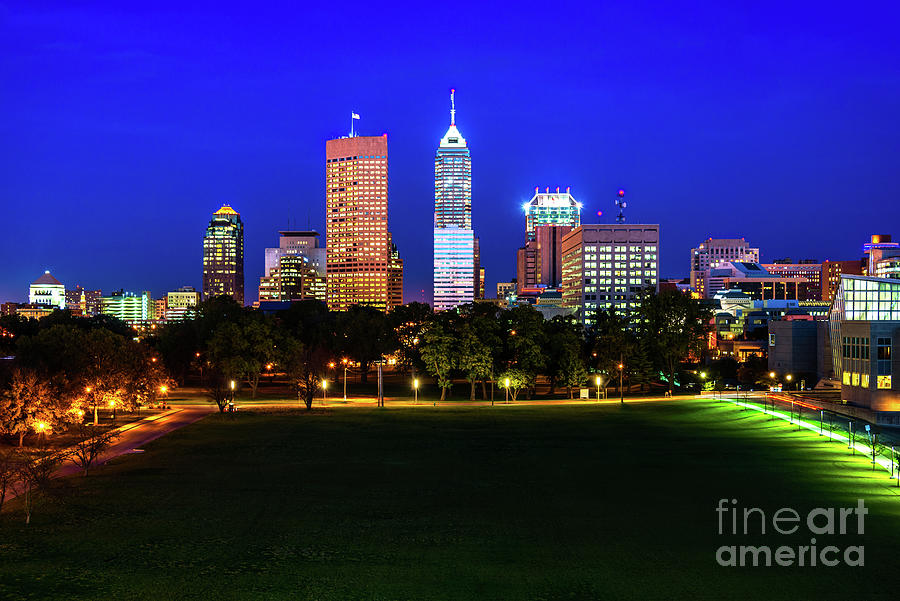 Indianapolis Indiana Skyline and Military Park at Night Photo Photograph by Paul Velgos