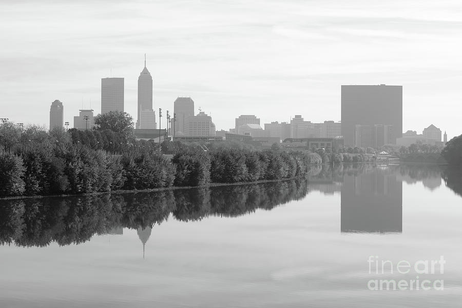Indianapolis Indiana Skyline and White River Black and White Pho Photograph by Paul Velgos
