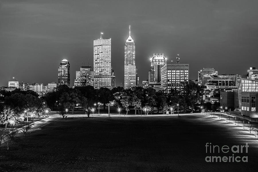 Indianapolis Indiana Skyline at Night Black and White Photo Photograph by Paul Velgos