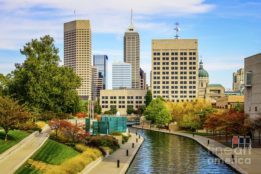 Indianapolis Indiana Skyline Photo with Canal Walk in Autumn Photograph by Paul Velgos