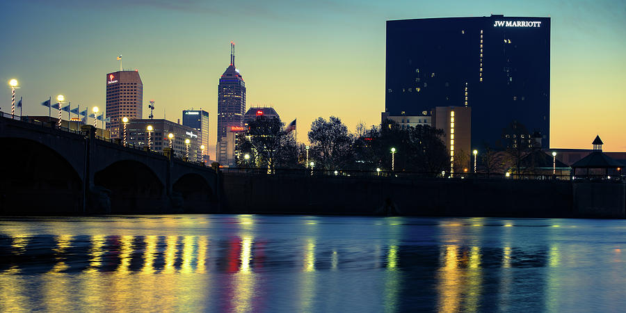 Indianapolis Skyline Photograph - Indianapolis Skyline and White River Parkway Panorama Sunrise by Gregory Ballos