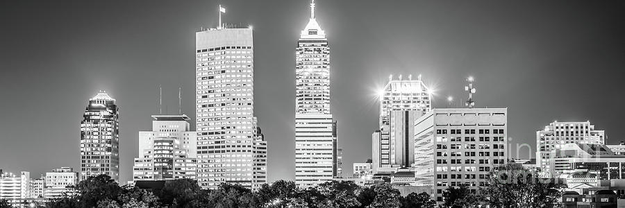 Indianapolis Skyline at Night Black and White Panoramic Photo Photograph by Paul Velgos