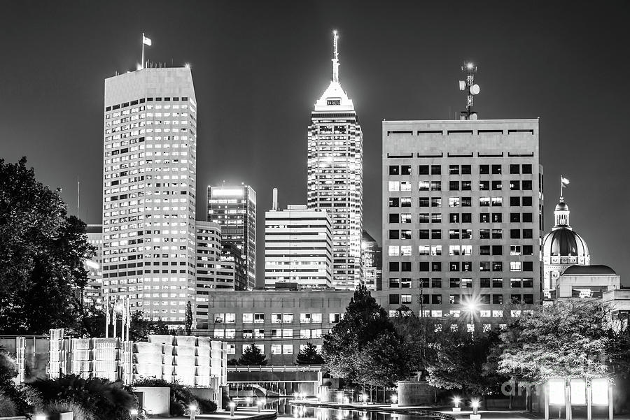 Indianapolis Skyline at Night Black and White Photo Photograph by Paul Velgos