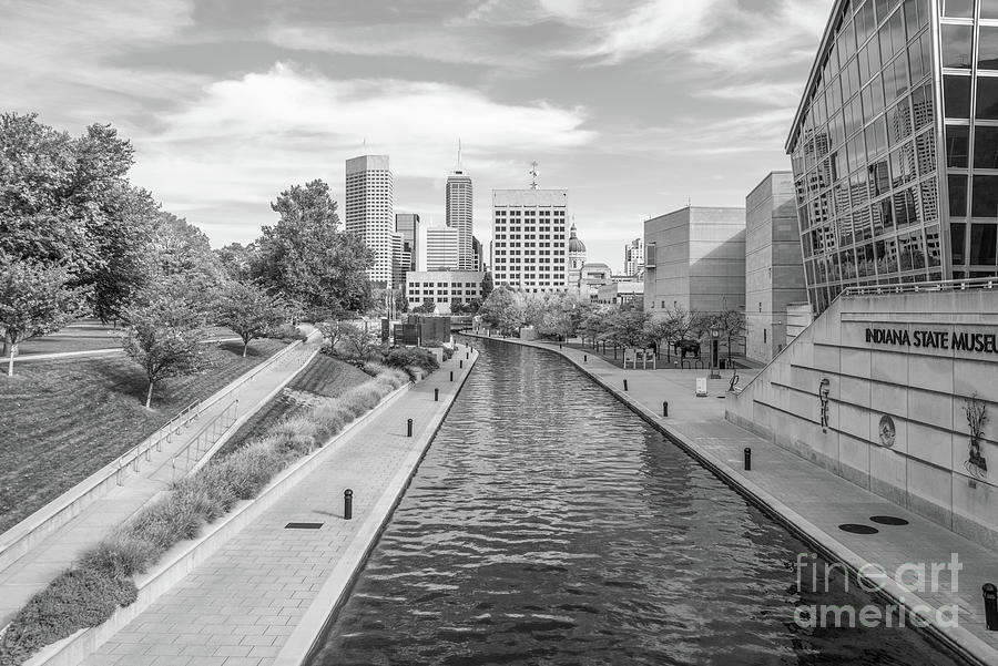 Indianapolis Skyline Central Canal Walk Black and White Photo Photograph by Paul Velgos