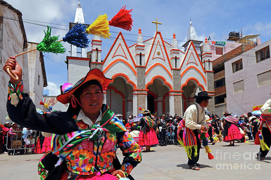 Portrait Photograph - Indigenous dancers outside the Virgen de la Candelaria Sanctuary church Puno Peru by James Brunker