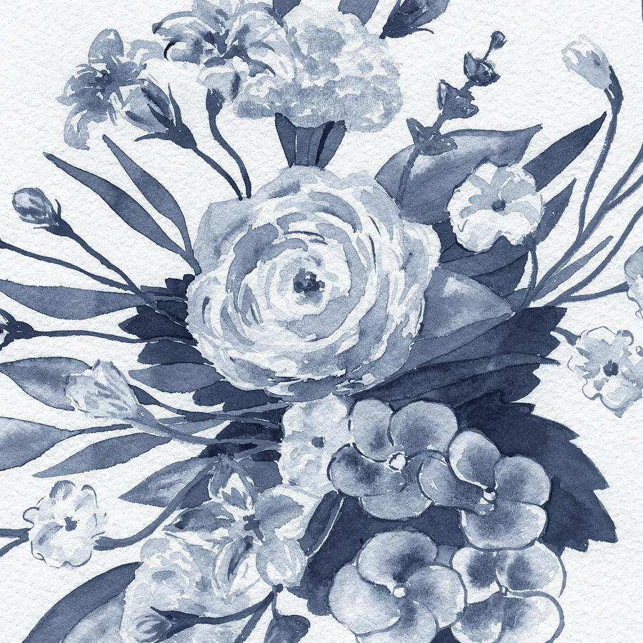 Indigo Blue Monochrome Floral Pattern Watercolor Painting