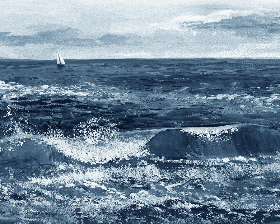 Indigo Blue Ocean Wave White Sailboat Painting