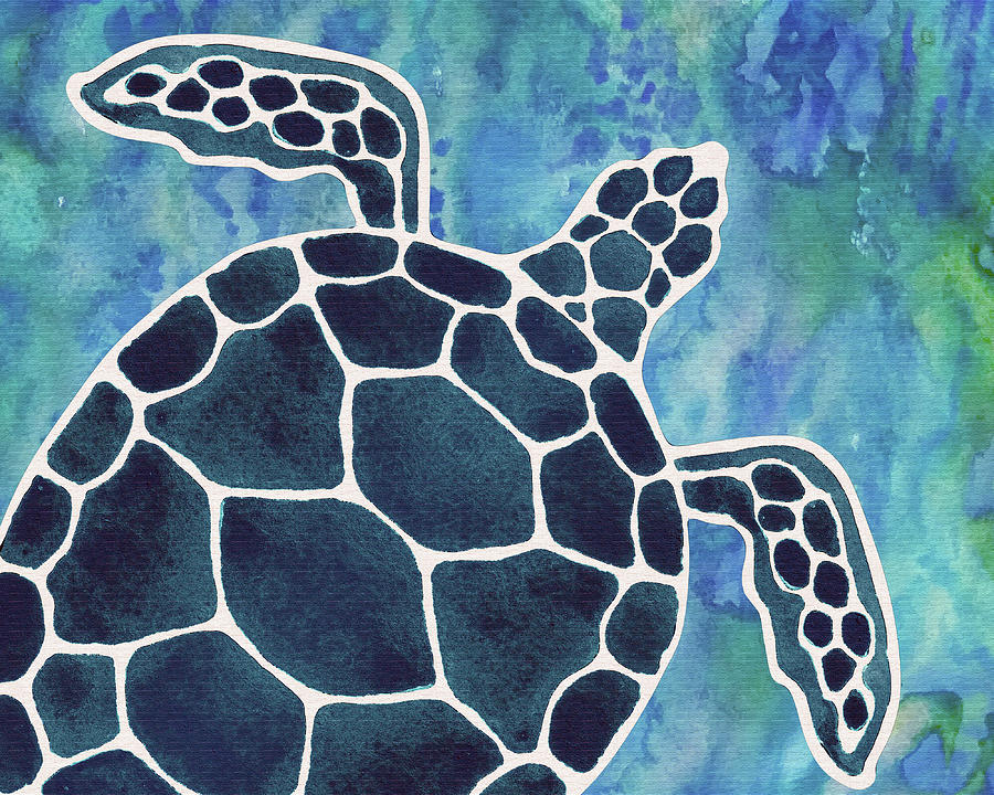 Indigo Blue Turtle In Turquoise Sea Watercolor  Painting by Irina Sztukowski