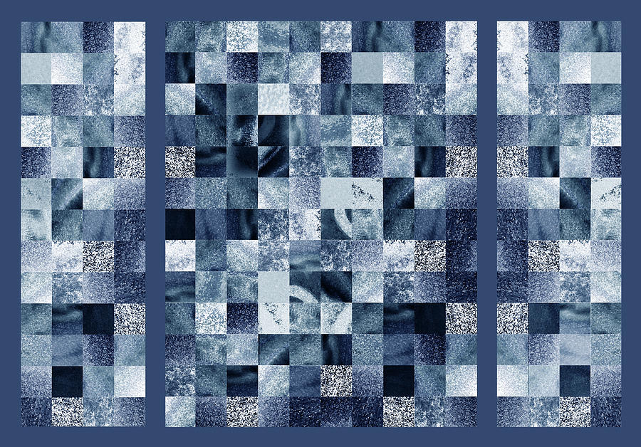 Indigo Blue Watercolor Squares Art Mosaic Quilt Painting by Irina Sztukowski