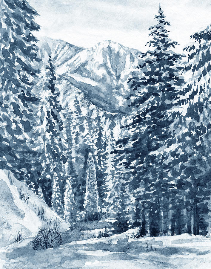 Indigo Blue Winter Watercolor Forest Landscape Painting