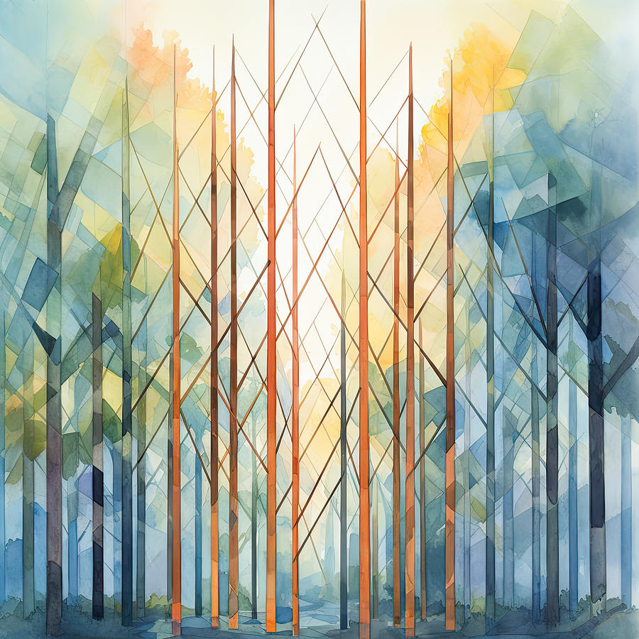 Indigo Forest at Sunrise - Line Art Painting by Lourry Legarde