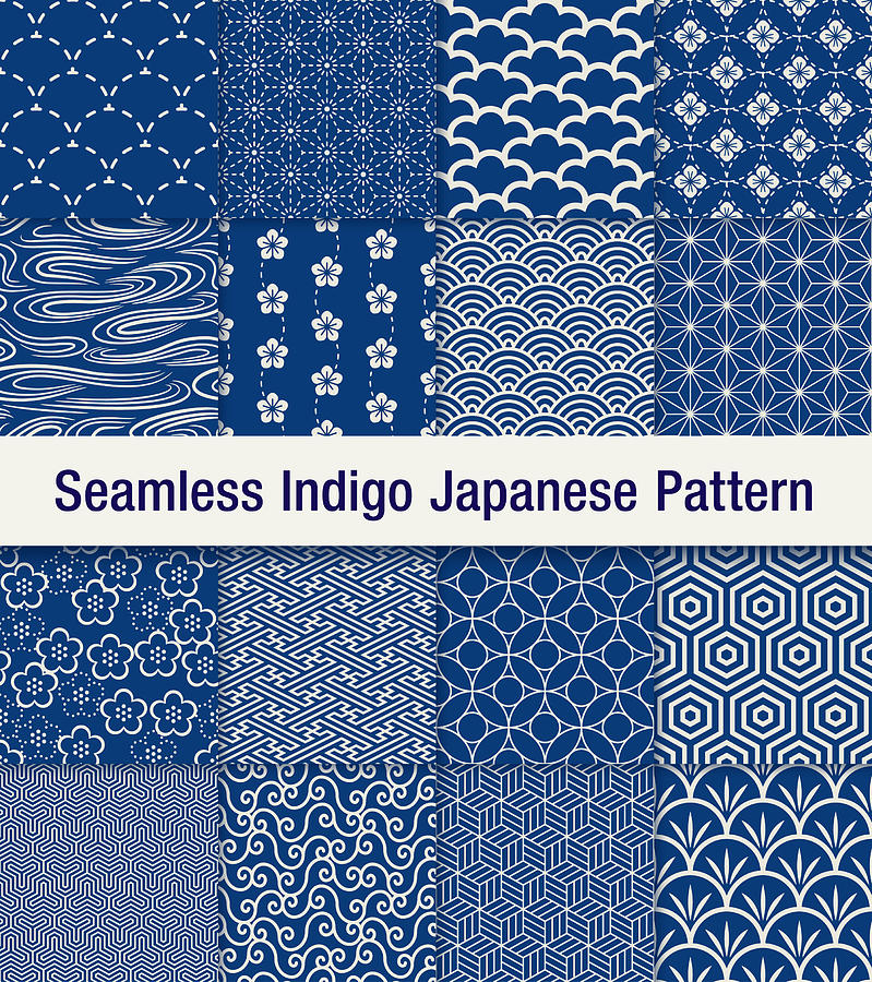 Indigo Japanese Seamless Pattern Set Drawing by Molotovcoketail