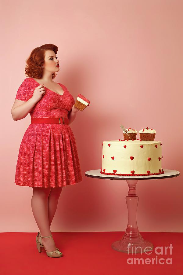 Indulging in a tempting cake, the obese woman contemplates, mindful of diabetes.. Ai generated. Photograph by Joaquin Corbalan