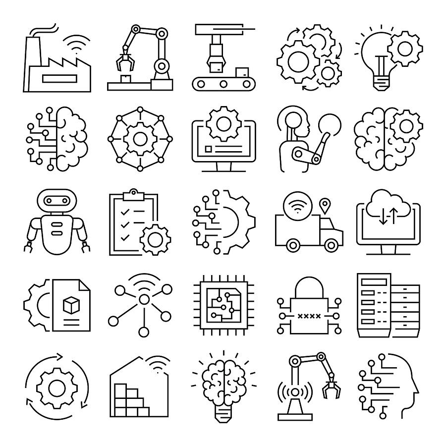 Industry 4.0 Related Vector Line Icons. Pixel Perfect Outline Symbol Drawing by Komunitestock