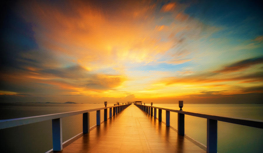 Infinity Dock Sunset Sunrise Water Sky Landscape 2 Painting by Tony Rubino