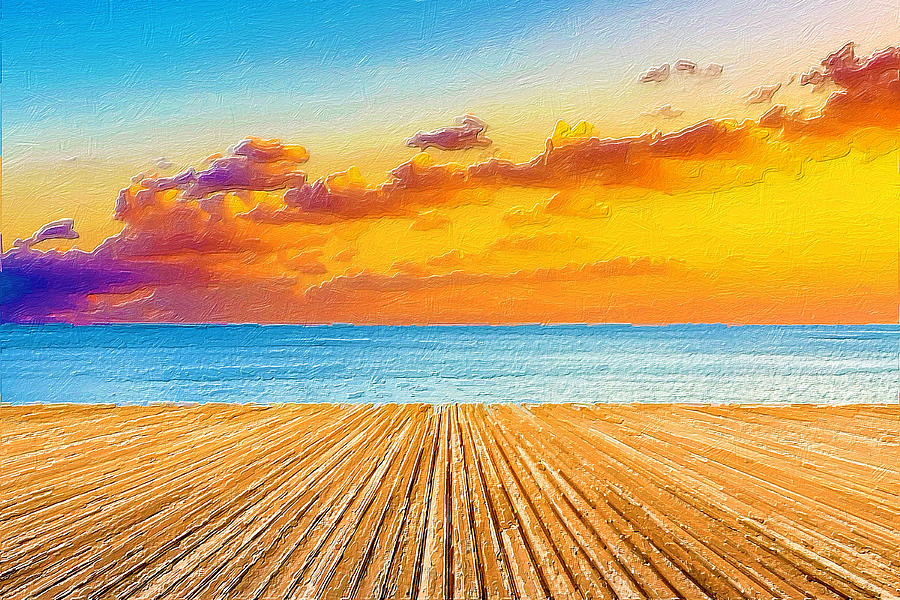 Infinity Dock Sunset Sunrise Water Sky Landscape Gold Bright Painting by Tony Rubino