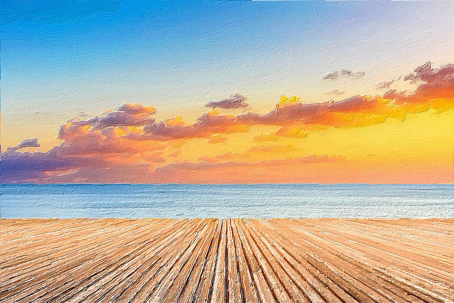 Infinity Dock Sunset Sunrise Water Sky Landscape Gold Painting by Tony Rubino