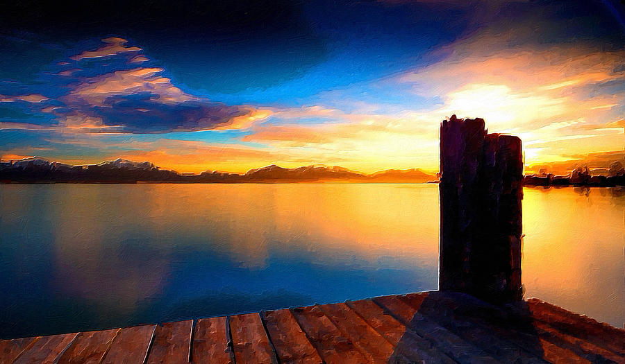 Infinity Dock Sunset Sunrise Water Sky Landscape Painting by Tony Rubino