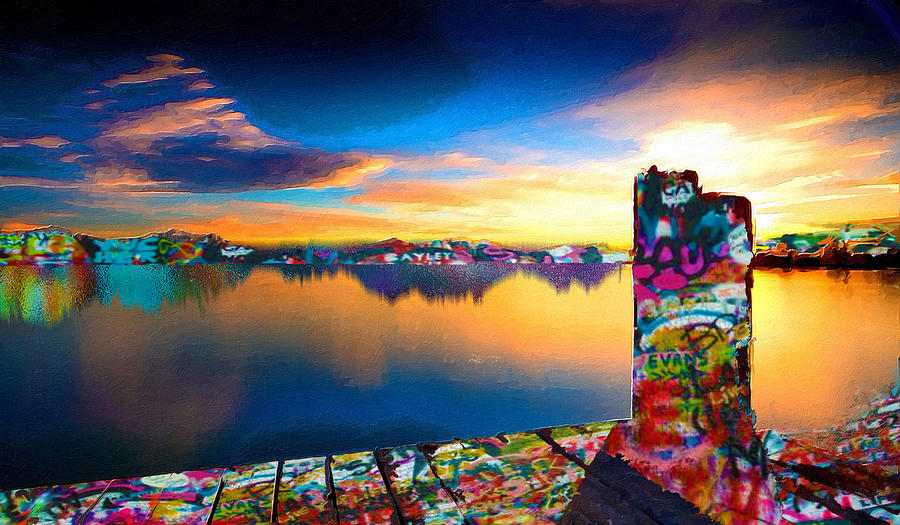 Infinity Dock Sunset Sunrise Water Sky Landscape With Graffiti Painting by Tony Rubino