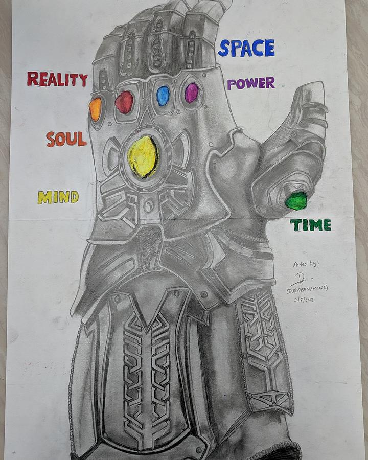 A drawing of the Infinity Gauntlet holding the Mjolnir  9GAG