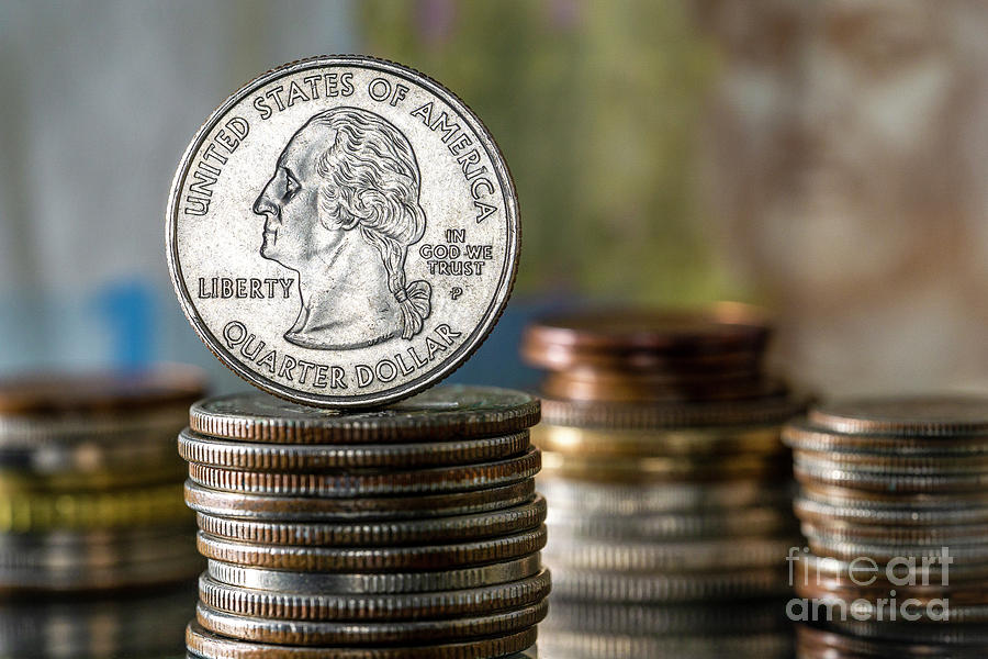 Inflation Interest Rates Quarter Dollar on top of Pile of Coins Photograph by Pablo Avanzini