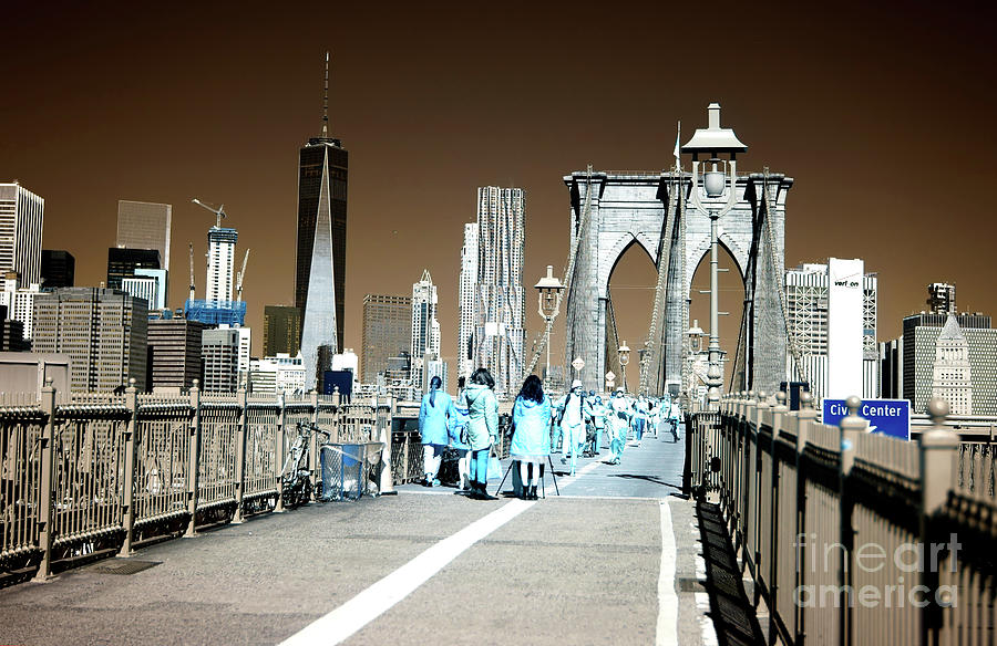 Infrared Brooklyn Bridge Walkers in New York City Photograph by John Rizzuto