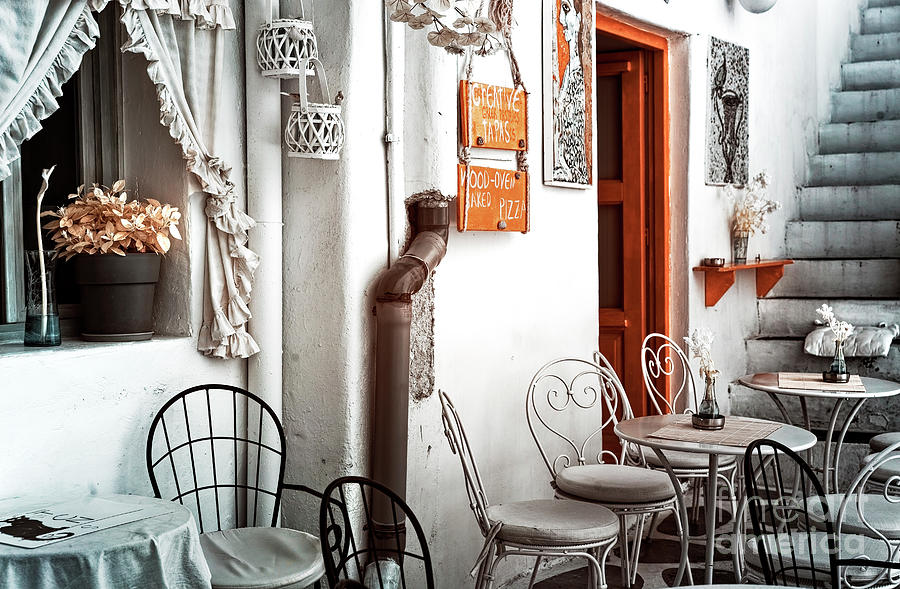 Unique Photograph - Infrared Cafe Seats in Mykonos Town Greece by John Rizzuto