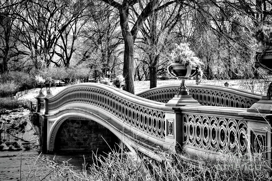Infrared Central Park Bow Bridge side view black and white Photograph by Paul Ward