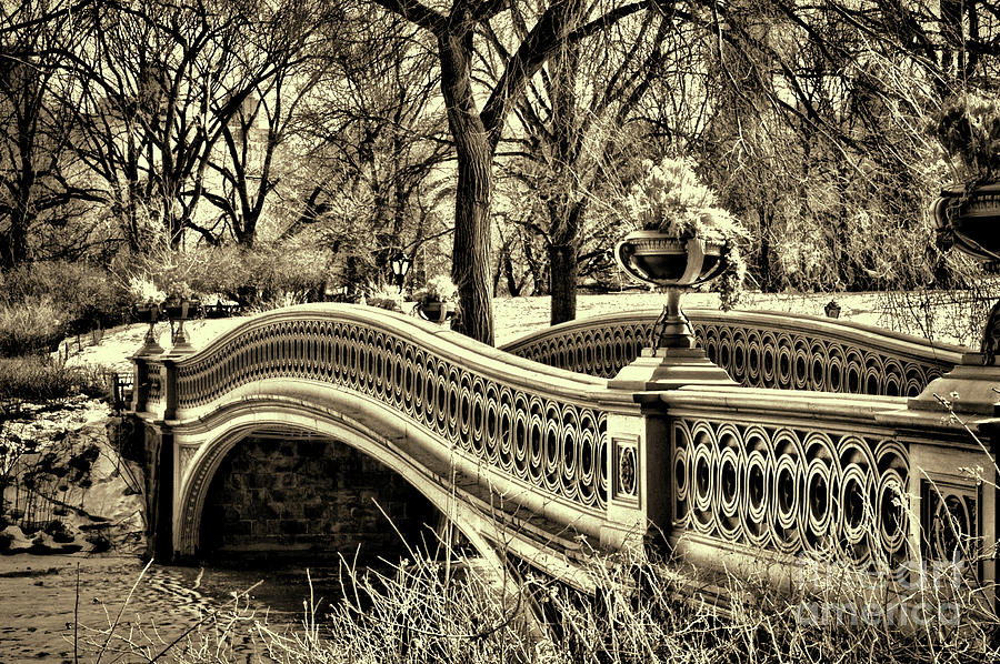 Central Park Photograph - Infrared Central Park Bow Bridge side view sepia by Paul Ward