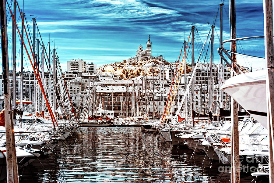 Notre Dame over the Vieux Port in Marseille France Infrared Photograph by John Rizzuto