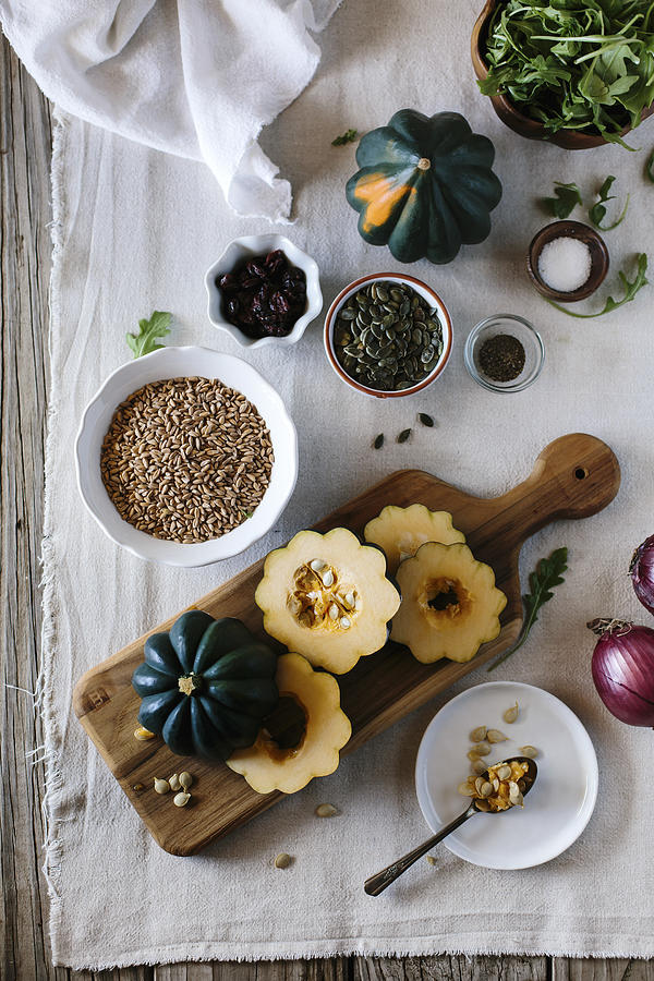Ingredients for Roasted Acorn Squash Salad with Farro Photograph by The Picture Pantry/Aysegul Deniz Sanford