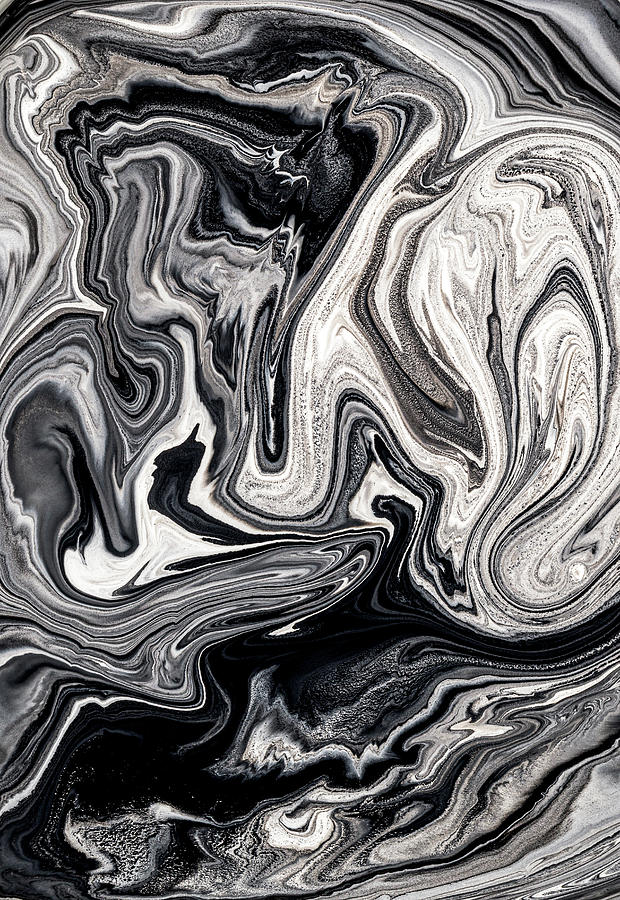 Ink and paint swirls black and white. Photograph by David Ilzhoefer