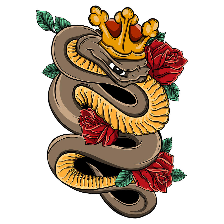 Ink and pen drawing, snake and roses on white background. Digital Art