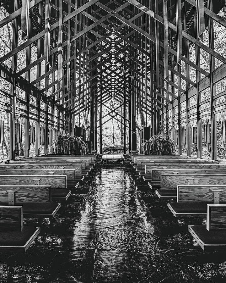 Black And White Photograph - Inner Architecture of Arkansas Thorncrown Chapel in Black and White by Gregory Ballos