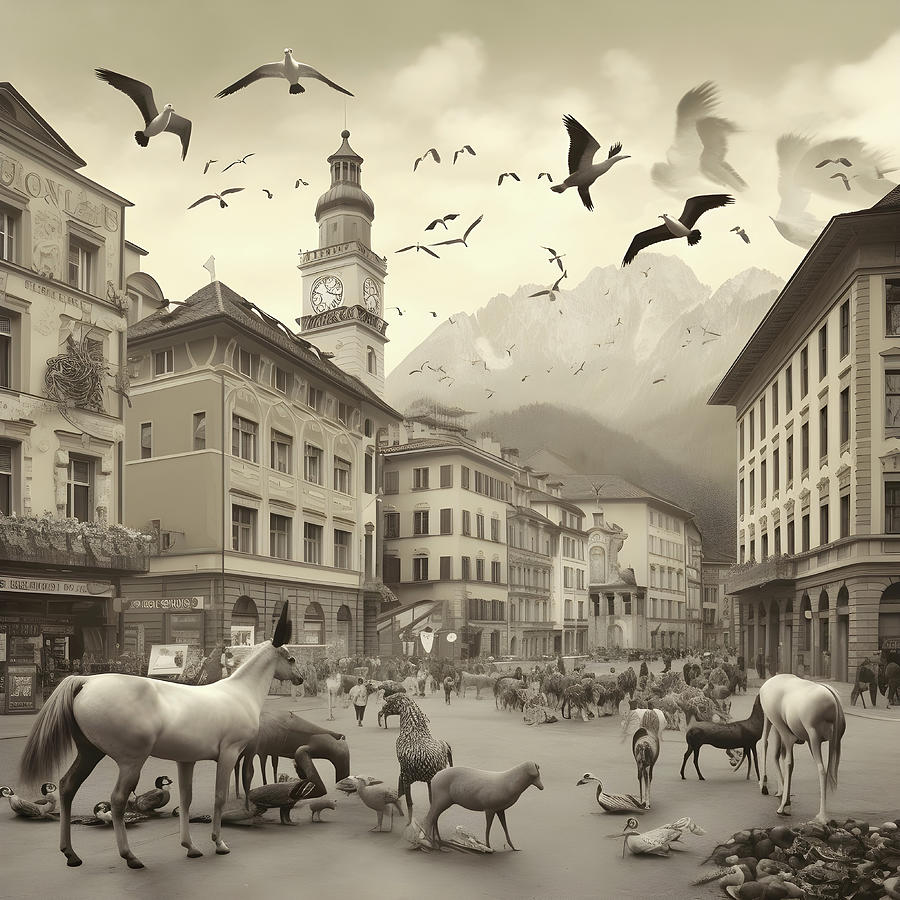 Chicago Digital Art - Innsbruck in einer alten Fotografie mit eleganten Zebras, MOewen, Affen und Tonfiguren. 1 by Kurt Heppke