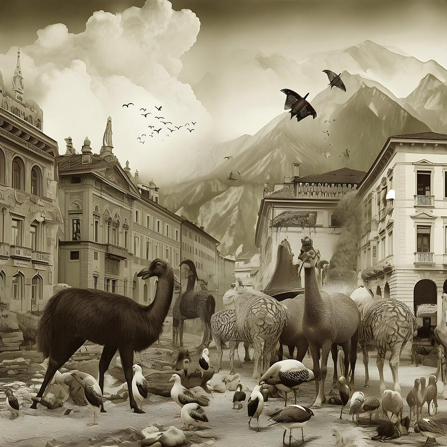 Chicago Digital Art - Innsbruck in einer alten Fotografie mit eleganten Zebras, MOewen, Affen und Tonfiguren. 3 by Kurt Heppke
