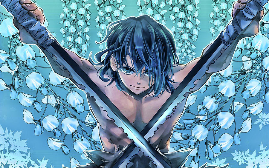 Inosuke Hashibira swords Demon Hunter blue flowers Kimetsu no Yaiba