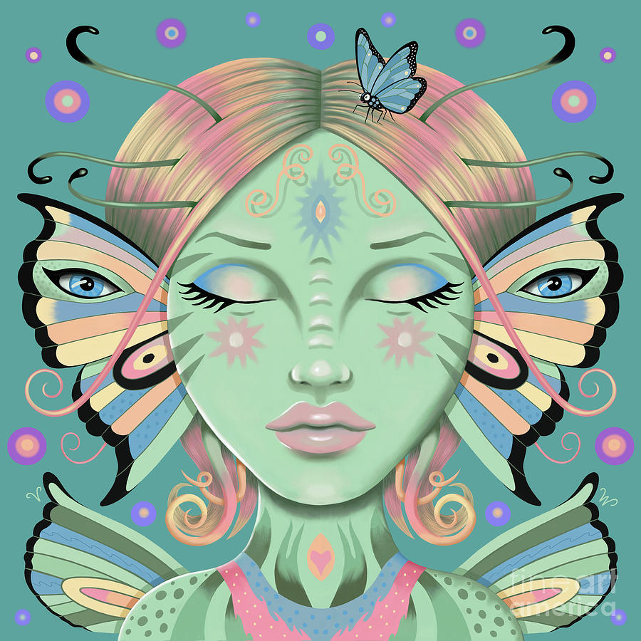 Insect Girl, Flutter - Sq. Green Digital Art by Valerie White