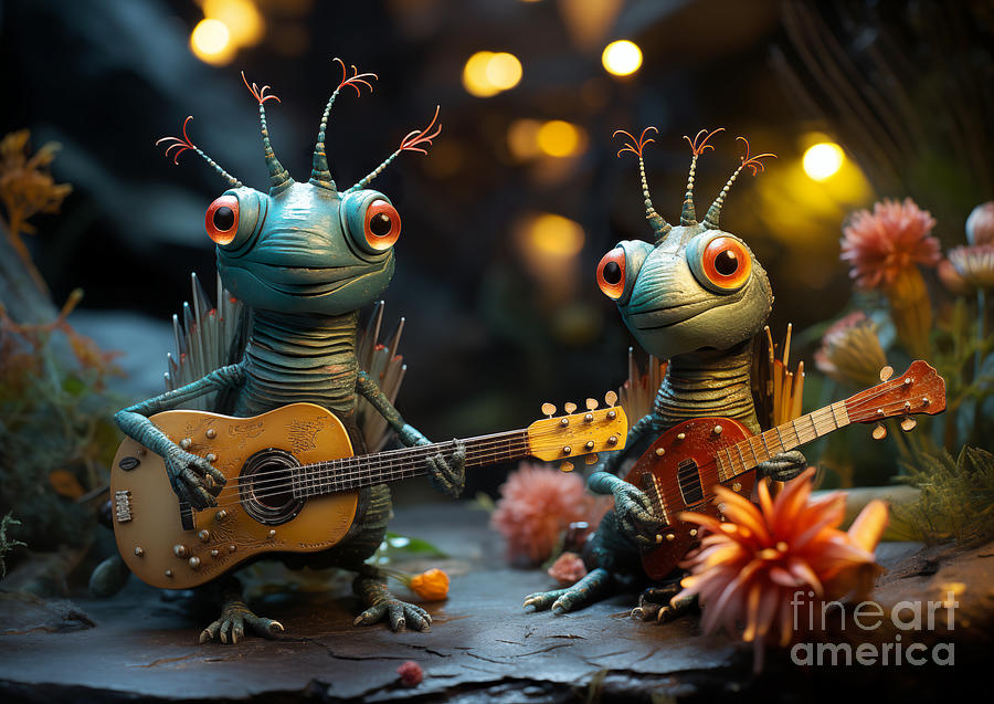 Insects playing guitar on a small island. Digital Art by Odon Czintos
