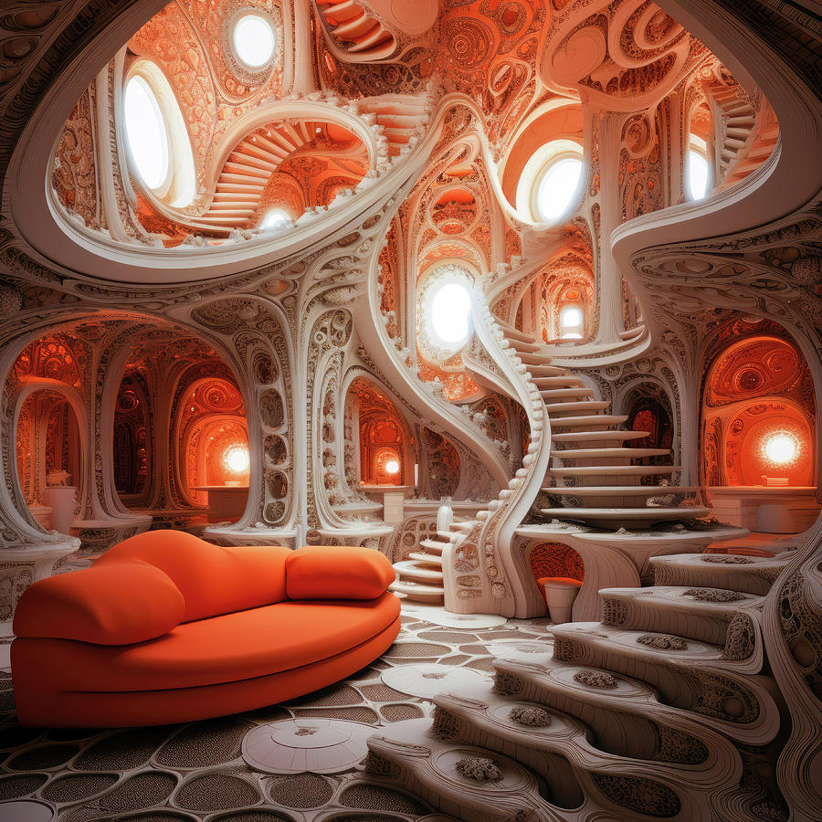 Inside a Fractal 07 Red Living Room Digital Art by Matthias Hauser