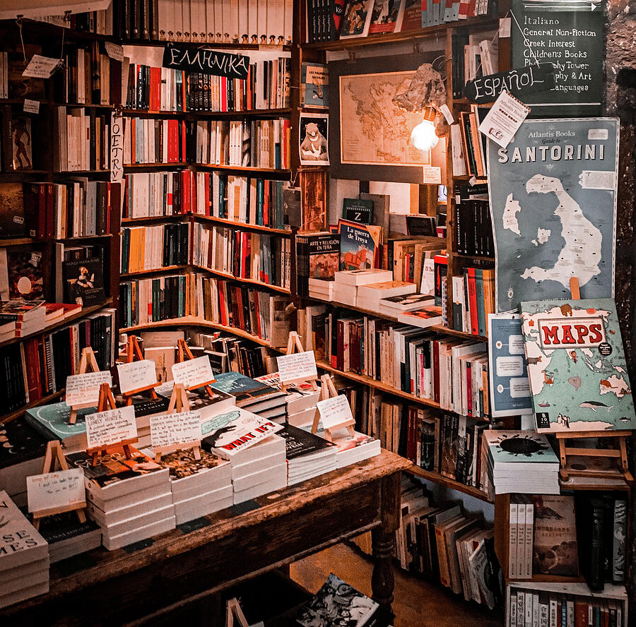 Inside Atlantis Bookstore, Oia, Santorini, Greece Photograph by Unbounded Art