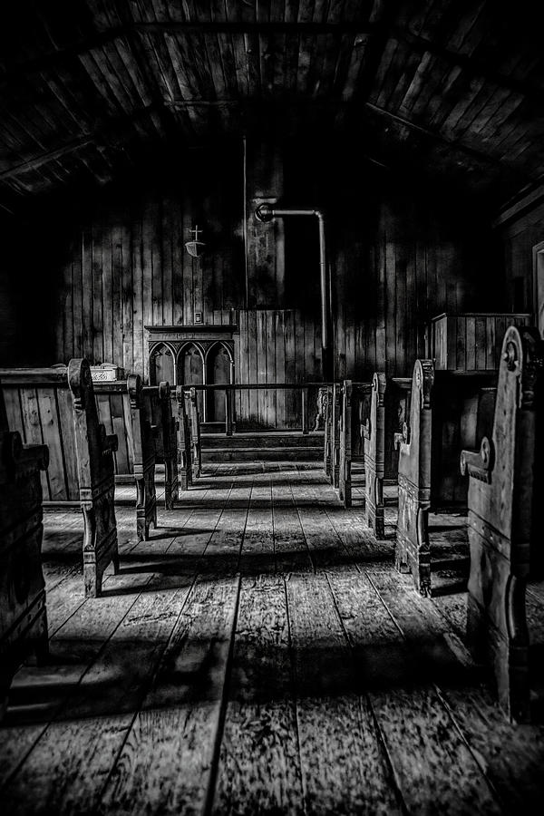 Black And White Photograph - Inside Rockingham Church, Ontario by John Twynam