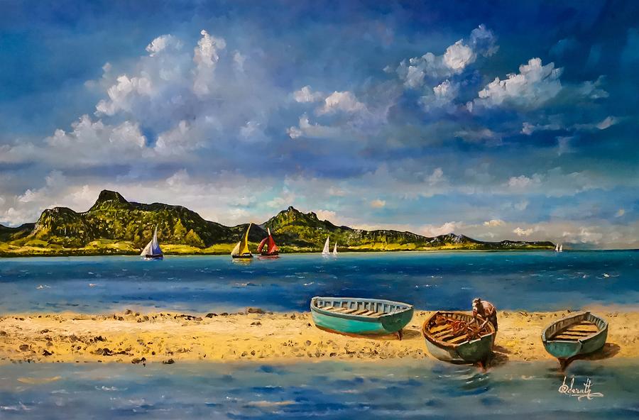 Inspecting fishing nets, Mauritius Painting by Raouf Oderuth