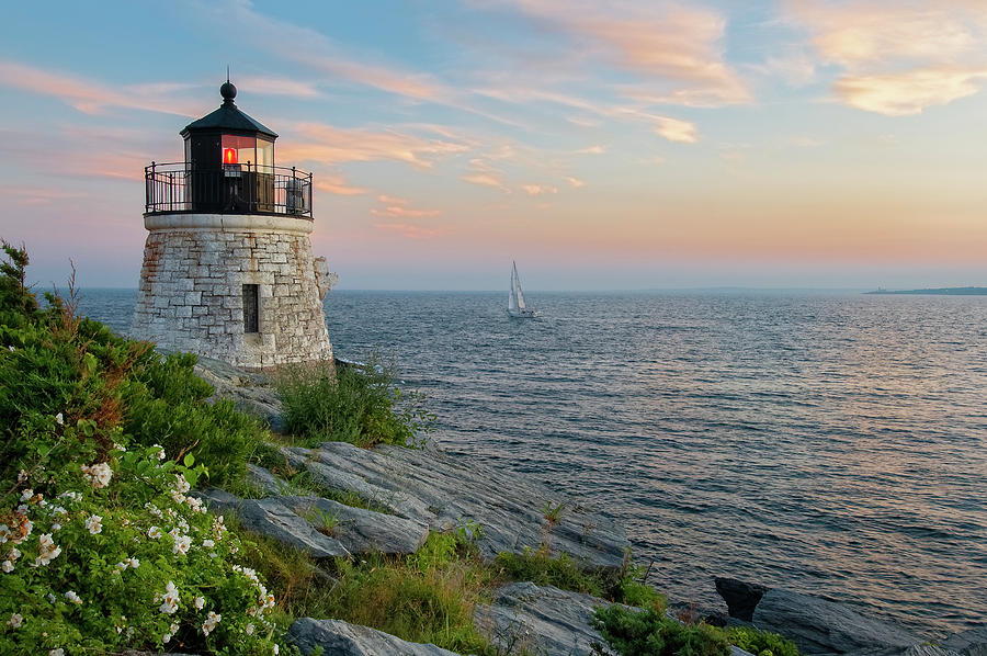 Castle Hill Lighthouse with Sailboat - Newport Rhode Island Photograph by Photos By Thom