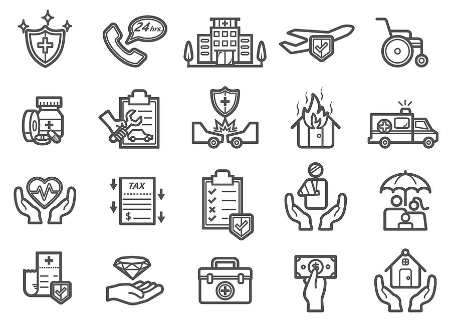 Insurance Line Icons Set Drawing by Supphawat Satichob