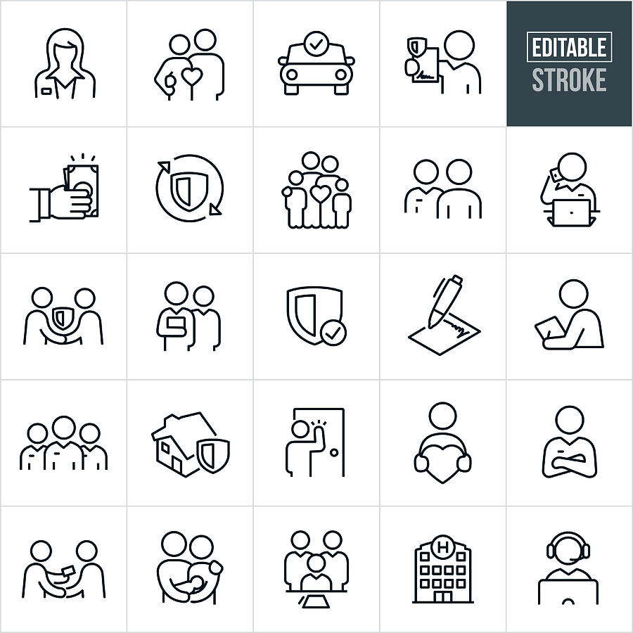 Insurance Thin Line Icons - Editable Stroke Drawing by Appleuzr